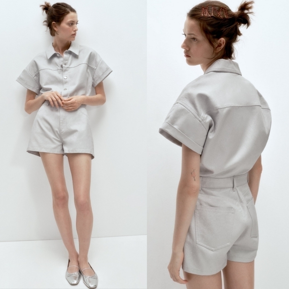 New Zara Shimmery Denim Button Front Blue Shorts Jumpsuit Playsuit XS